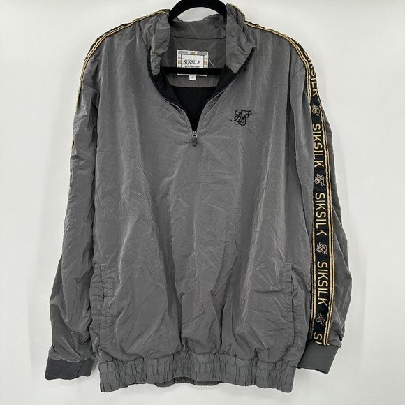 SIKSILK Gray Spellout‎ Stripe Nylon Quarter Zip Jacket Size Large - Picture 1 of 10
